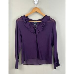 INC NWT Women's XS 100% Silk Sheer Blouse Top Button Front Ruffles Career Purple